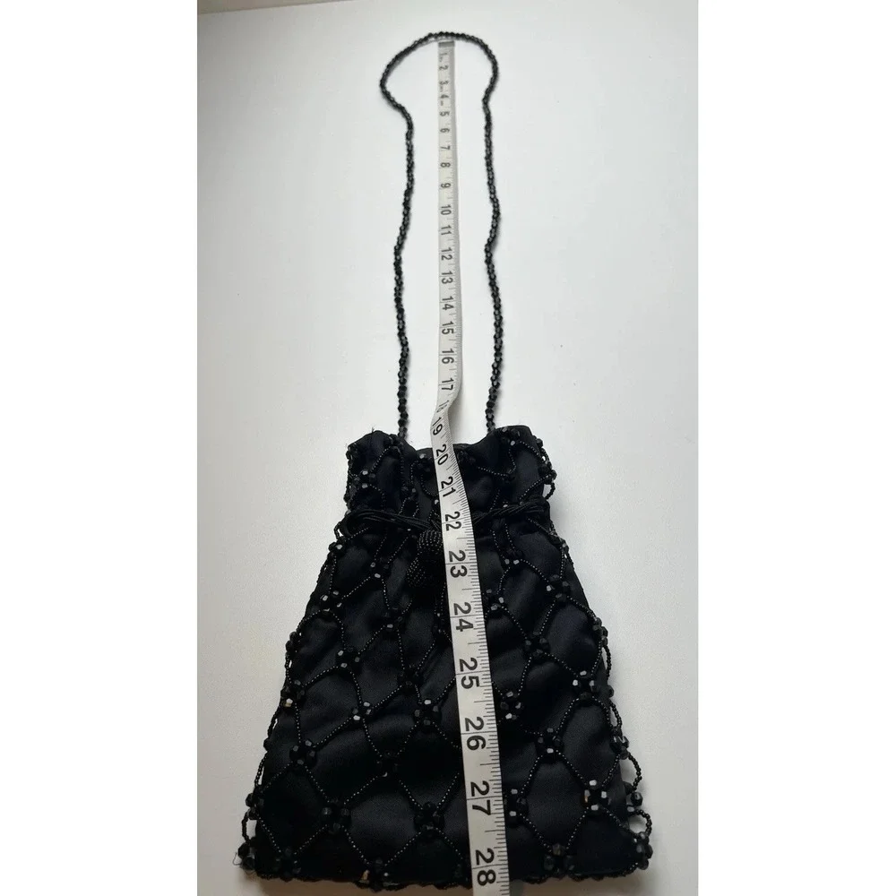 Magid Small  Black Beaded Handbag Drawstring Close Crossbody Evening Bag Vintage